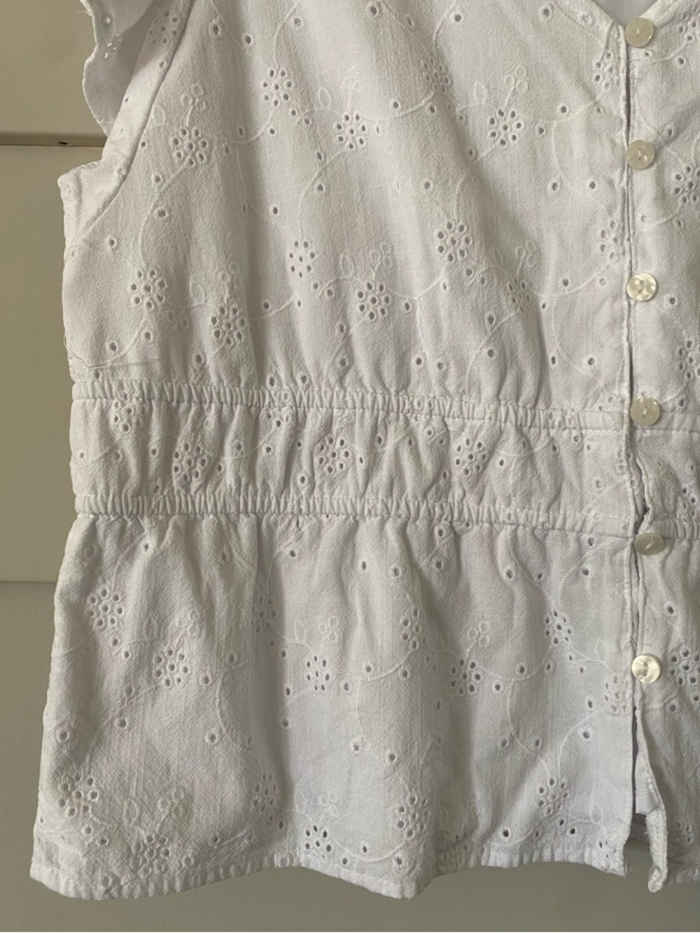 White Eyelet Whimsy Garden Cottage Prairie V-Neck Smocked Peplum Lined Blouse - Picture 3 of 7